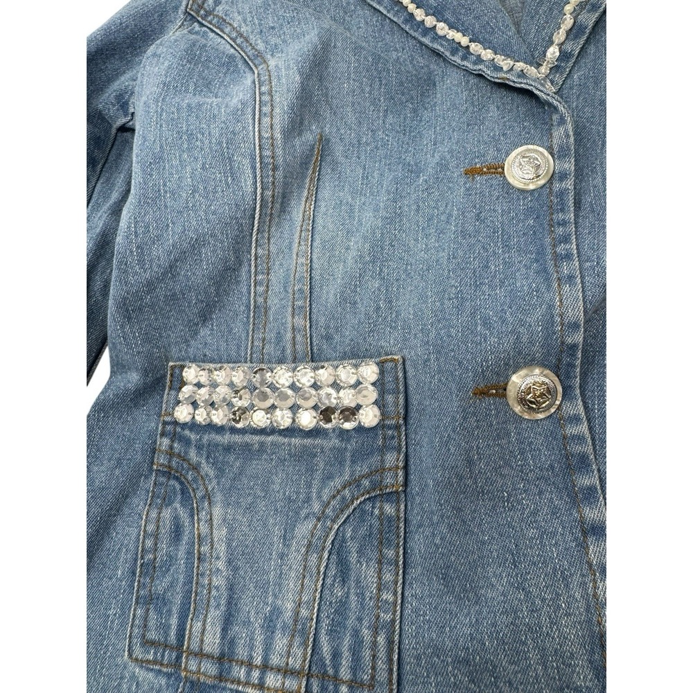 Jeanology Blue Denim Rhinestone Embellished Blazer Jacket cowgirl festival boho - Picture 9 of 10